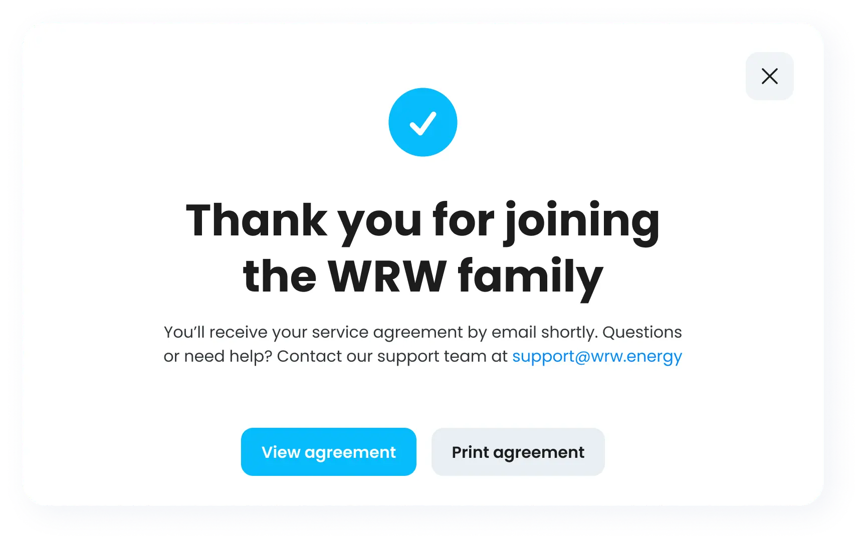Полный процесс подключения WRW Energy: от формы данных о подключении до автоматического экрана подтверждения договора
