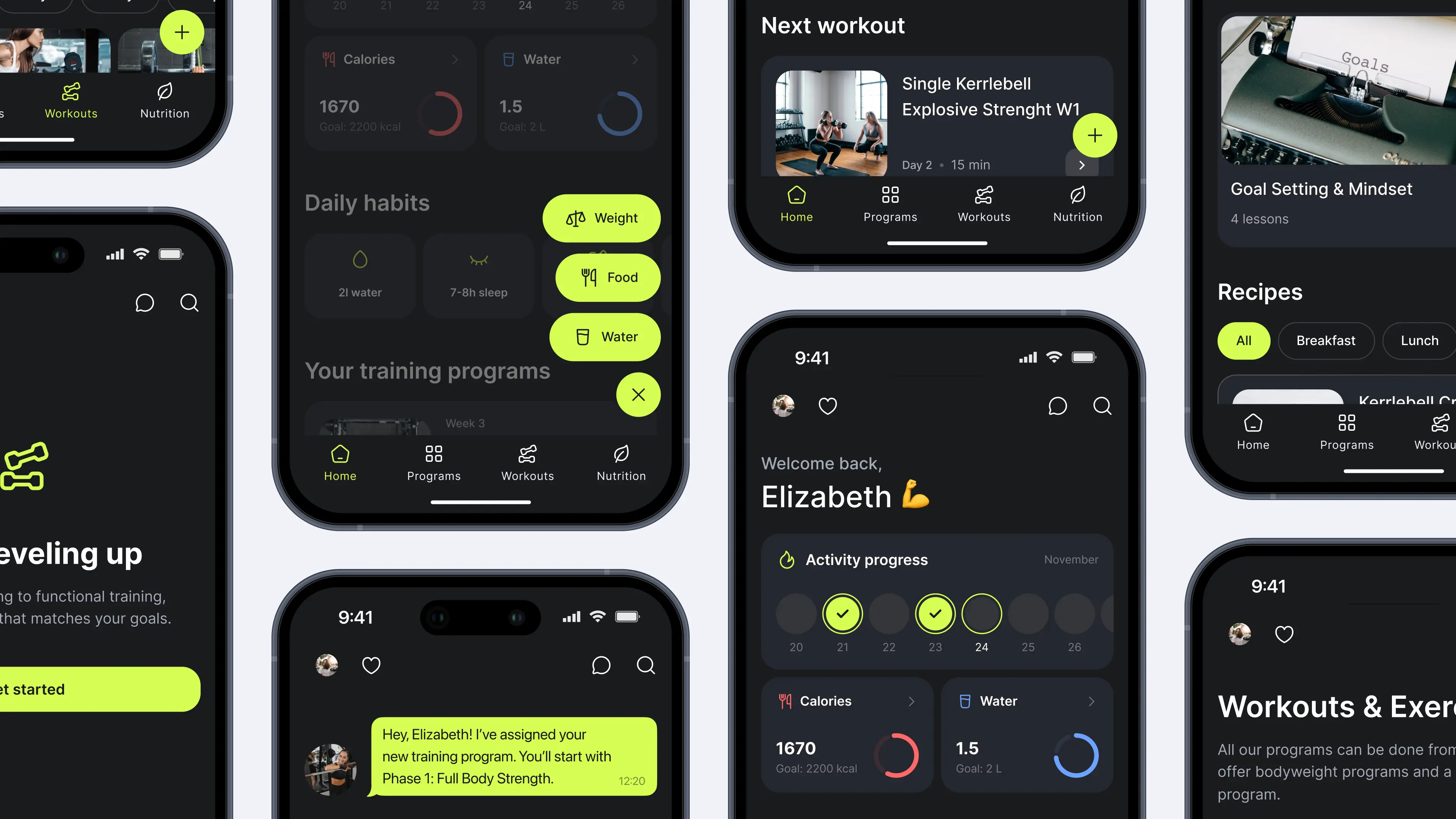 Полная сетка экранов приложения Ymove: ежедневные привычки, карточка следующей тренировки, рецепты, прогресс активности, сообщения от тренера и библиотека тренировок в тёмной теме