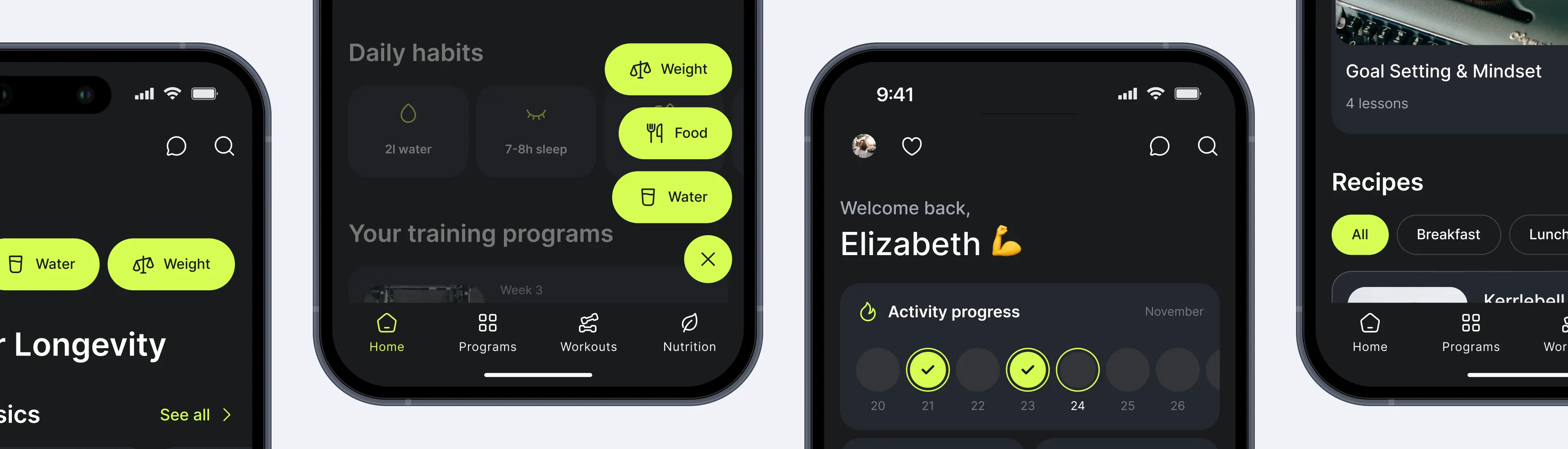 Экраны фитнес-приложения Ymove с тёмной темой: дашборд, трекер ежедневных привычек и календарь прогресса активности