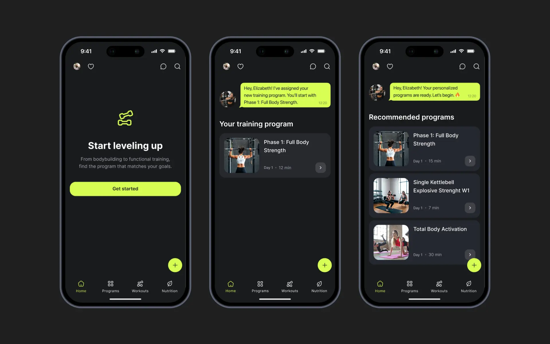 Сравнение до и после редизайна экрана библиотеки тренировок Ymove в тёмной теме